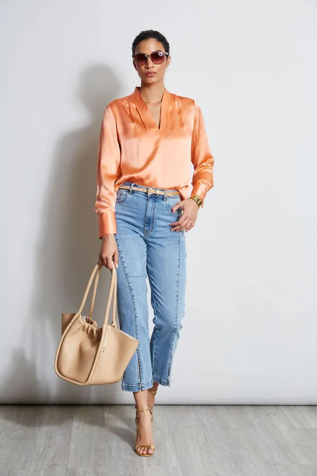 Outlet 8211 Women Tops Elie Tahari Silk Satin Contour Neck Shirt Tangerine