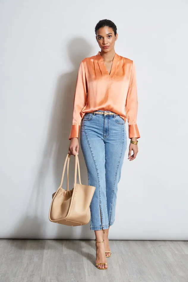 Outlet 8211 Women Tops Elie Tahari Silk Satin Contour Neck Shirt Tangerine