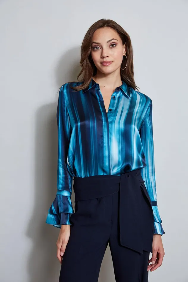 Outlet 8211 Women Tops Elie Tahari Silk Satin Watercolor Ribbon Shirt Teal Multi