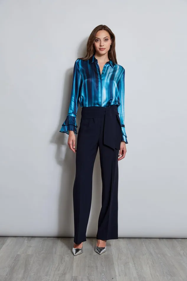 Outlet 8211 Women Tops Elie Tahari Silk Satin Watercolor Ribbon Shirt Teal Multi