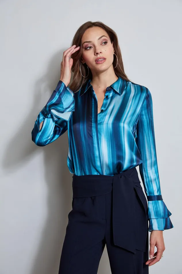 Outlet 8211 Women Tops Elie Tahari Silk Satin Watercolor Ribbon Shirt Teal Multi