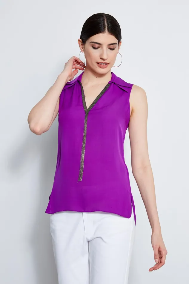 Outlet 8211 Women Tops Elie Tahari Sleeveless Silk Chain Collar Shirt Wild Berry