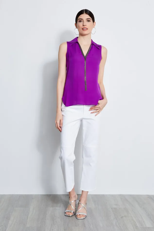 Outlet 8211 Women Tops Elie Tahari Sleeveless Silk Chain Collar Shirt Wild Berry
