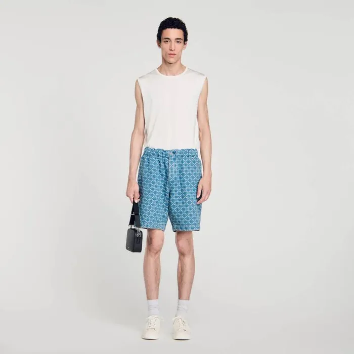 Pants and Shorts Men SANDRO Square Cross Denim Bermuda Shorts Sky Blue