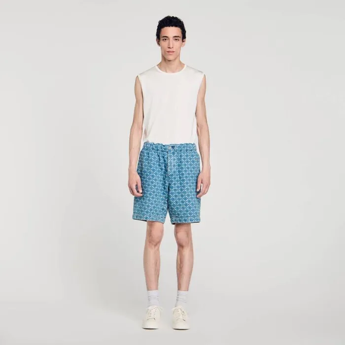 Pants and Shorts Men SANDRO Square Cross Denim Bermuda Shorts Sky Blue