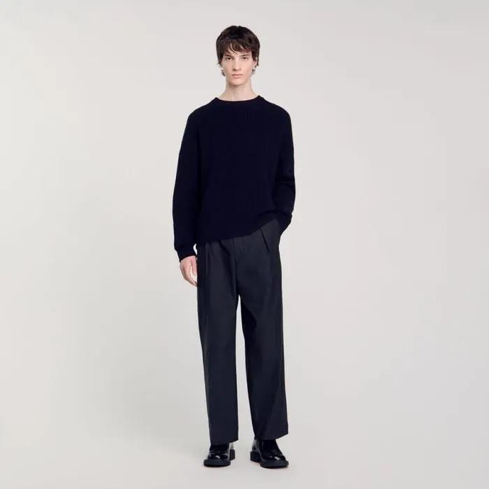 Pants and Shorts Men SANDRO Wideleg Trousers With Creases Navy Blue