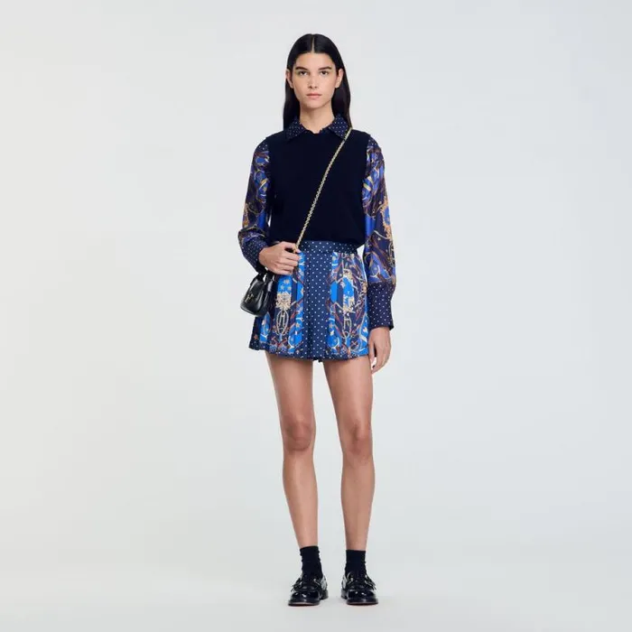 Pants and Shorts Women SANDRO Patterned Silk Skort Navy Gold