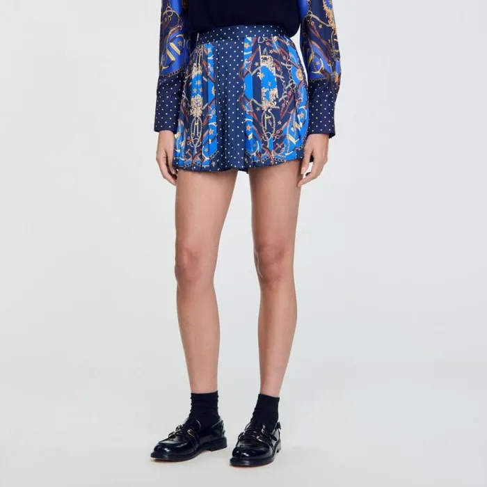 Pants and Shorts Women SANDRO Patterned Silk Skort Navy Gold
