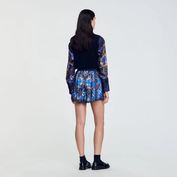 Pants and Shorts Women SANDRO Patterned Silk Skort Navy Gold