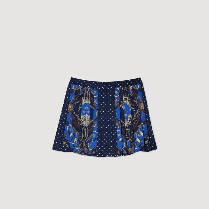Pants and Shorts Women SANDRO Patterned Silk Skort Navy Gold