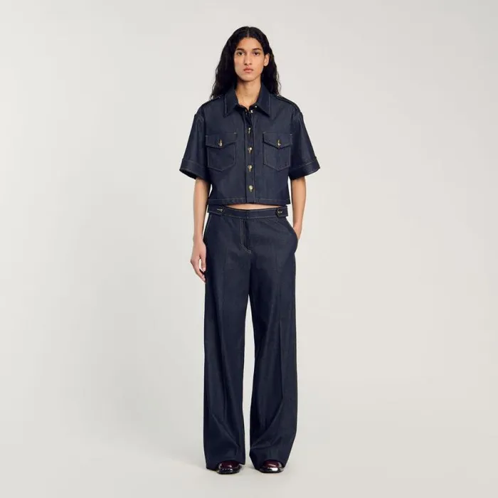 Pants and Shorts Women SANDRO Raw Denim Wideleg Jeans Deep Blu