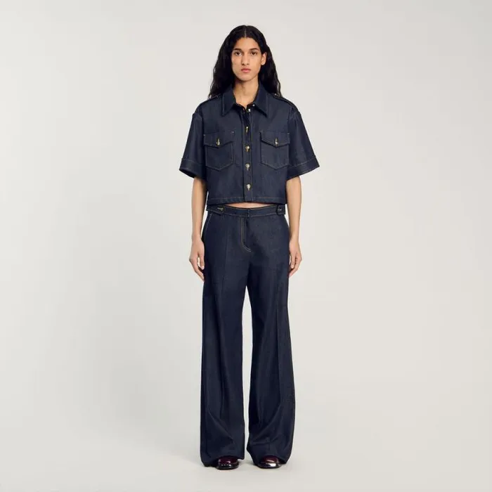 Pants and Shorts Women SANDRO Raw Denim Wideleg Jeans Deep Blu