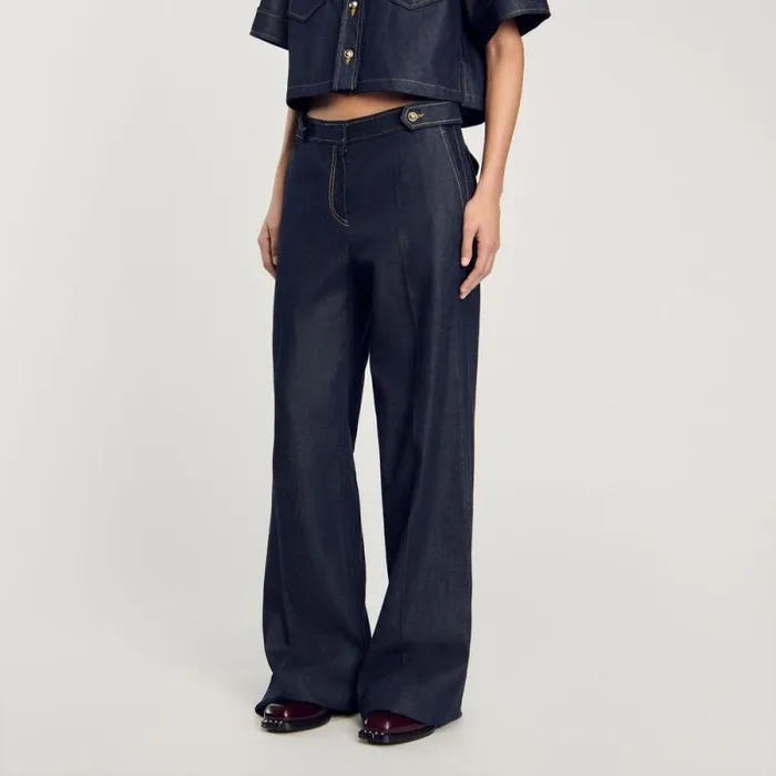 Pants and Shorts Women SANDRO Raw Denim Wideleg Jeans Deep Blu