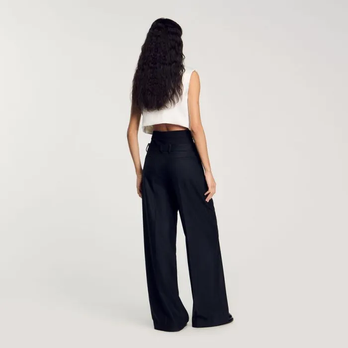 Pants and Shorts Women SANDRO Striped Double Waistband Trousers Black