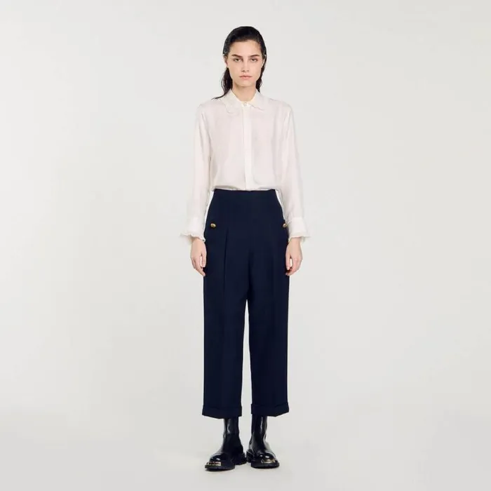 Pants and Shorts Women SANDRO Wide Legs Pants Navy Blue