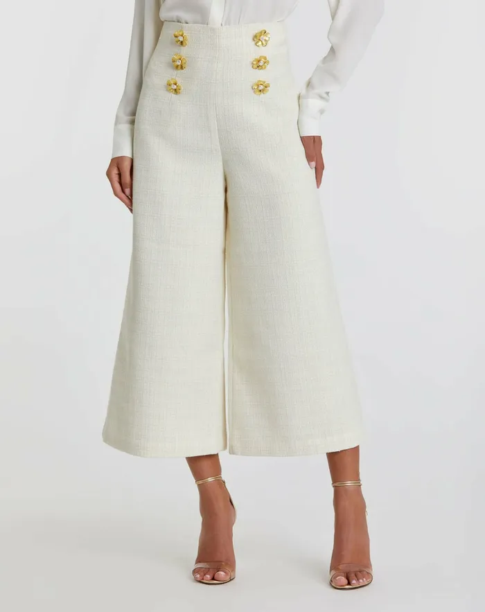 Pants Mac Duggal Women Ivory Tweed High Waisted Wide Leg Sailor Pant with Gold Buttons 8211 FINA Cream Pants Mac Duggal Women Ivory Tweed High Waisted Wide Leg Sailor Pant with Gold Buttons 8211 FINA Cream