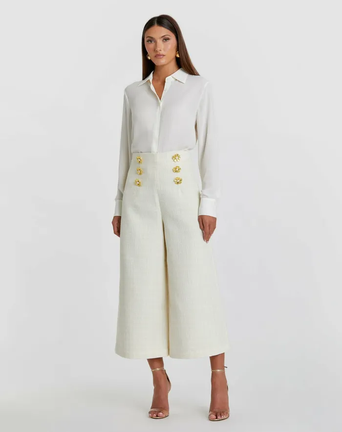 Pants Mac Duggal Women Ivory Tweed High Waisted Wide Leg Sailor Pant with Gold Buttons 8211 FINA Cream