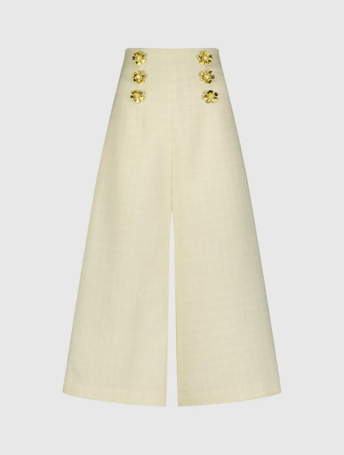 Pants Mac Duggal Women Ivory Tweed High Waisted Wide Leg Sailor Pant with Gold Buttons 8211 FINA Cream