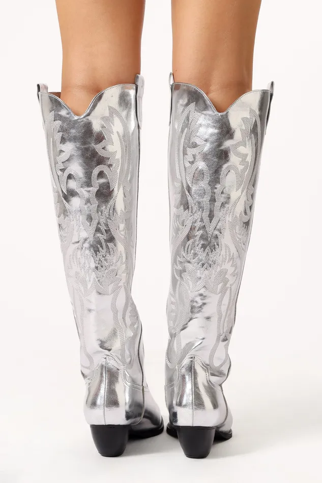 petalandpup Boots Women Wilden Knee High Cowboy Boot 8211 Silver Metallic Silver Metallic