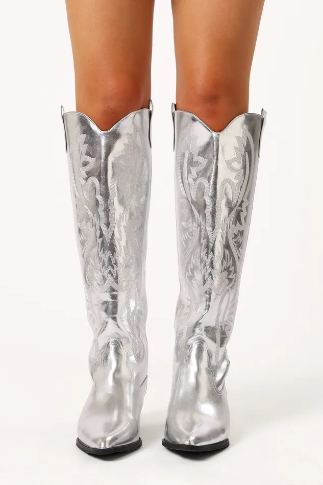petalandpup Boots Women Wilden Knee High Cowboy Boot 8211 Silver Metallic Silver Metallic