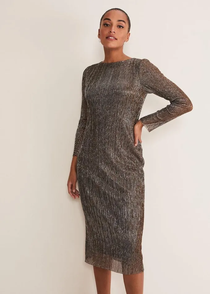 Phase Eight Alix Plisse Dress Bronze Women Dresses