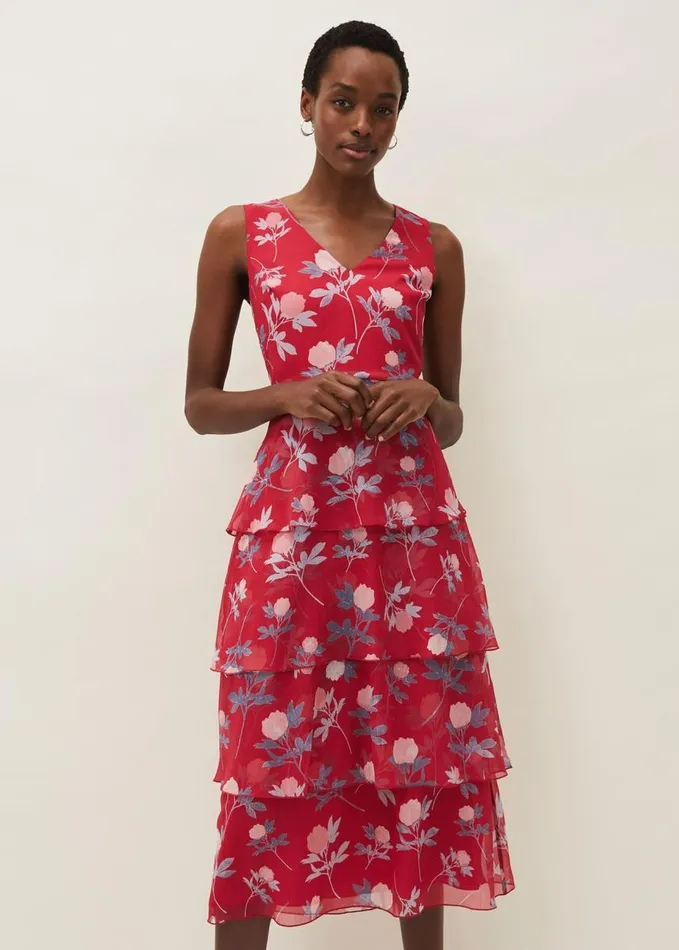 Phase Eight Antonella Floral Tiered Dress Raspberry Women Dresses