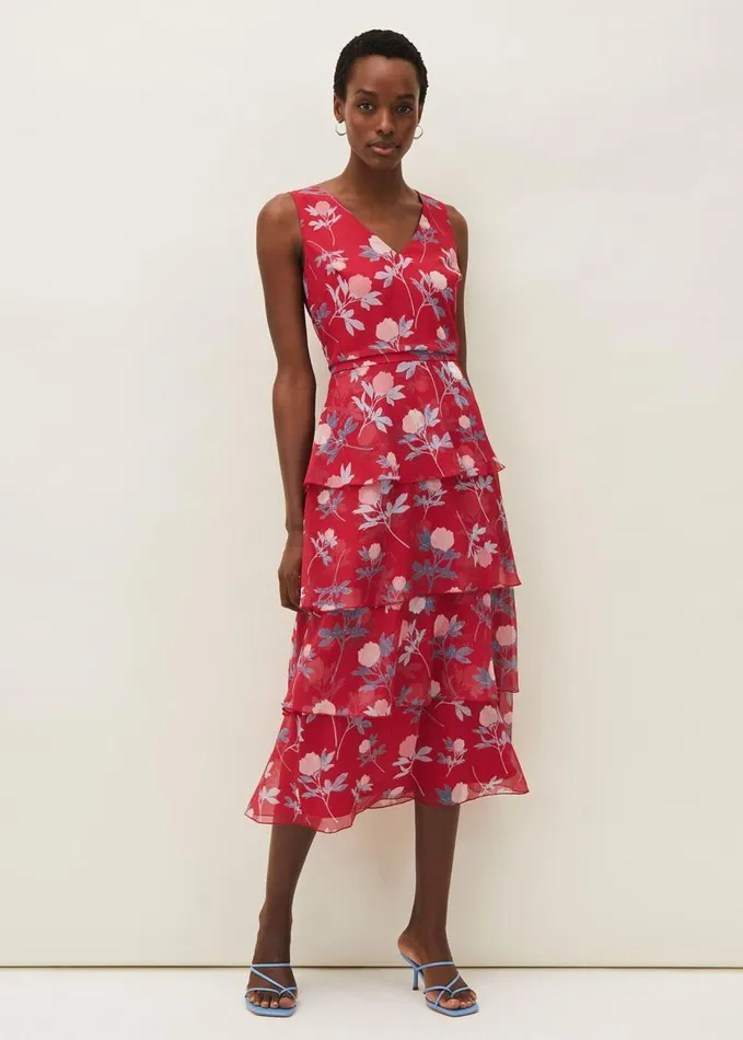 Phase Eight Antonella Floral Tiered Dress Raspberry Women Dresses