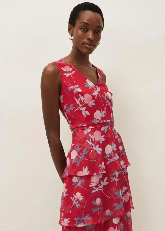 Phase Eight Antonella Floral Tiered Dress Raspberry Women Dresses