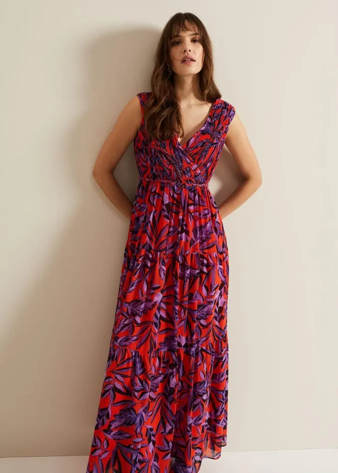 Phase Eight Athena Leaf Print Pleated Maxi Dress Vermillionmulti Women Dresses