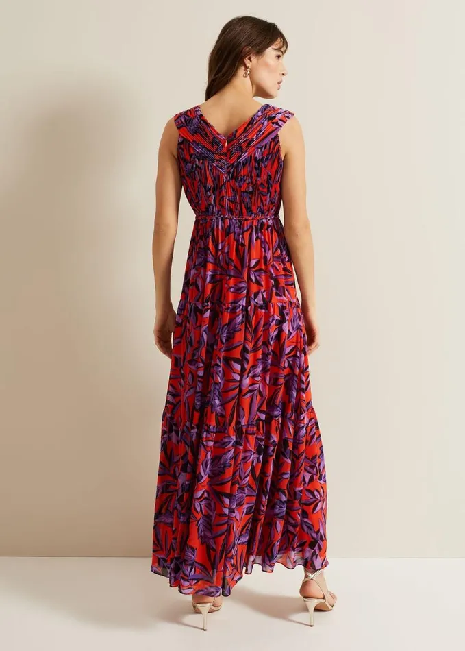 Phase Eight Athena Leaf Print Pleated Maxi Dress Vermillionmulti Women Dresses