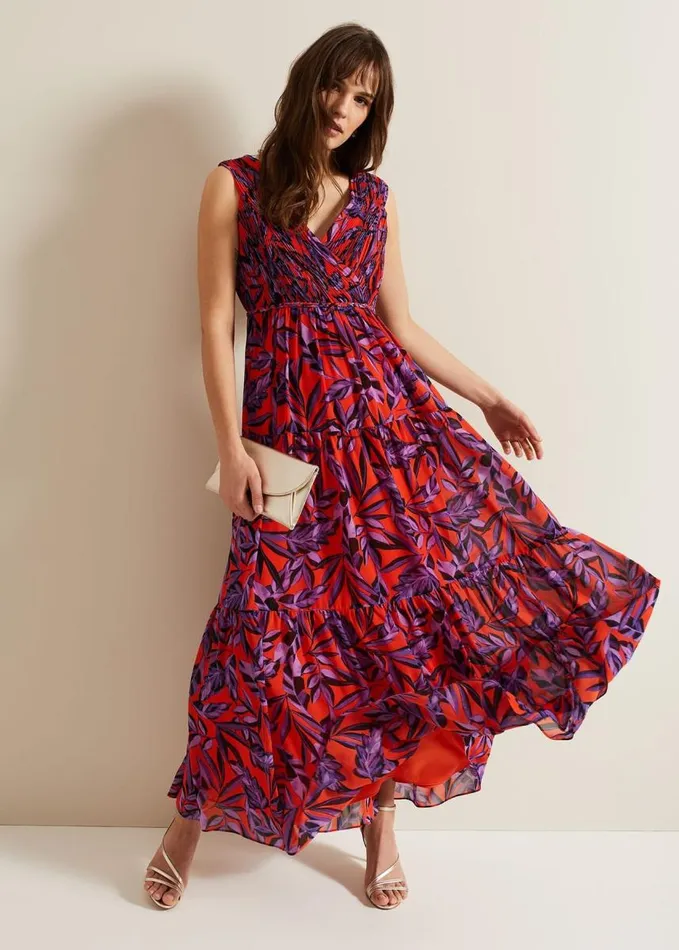 Phase Eight Athena Leaf Print Pleated Maxi Dress Vermillionmulti Women Dresses