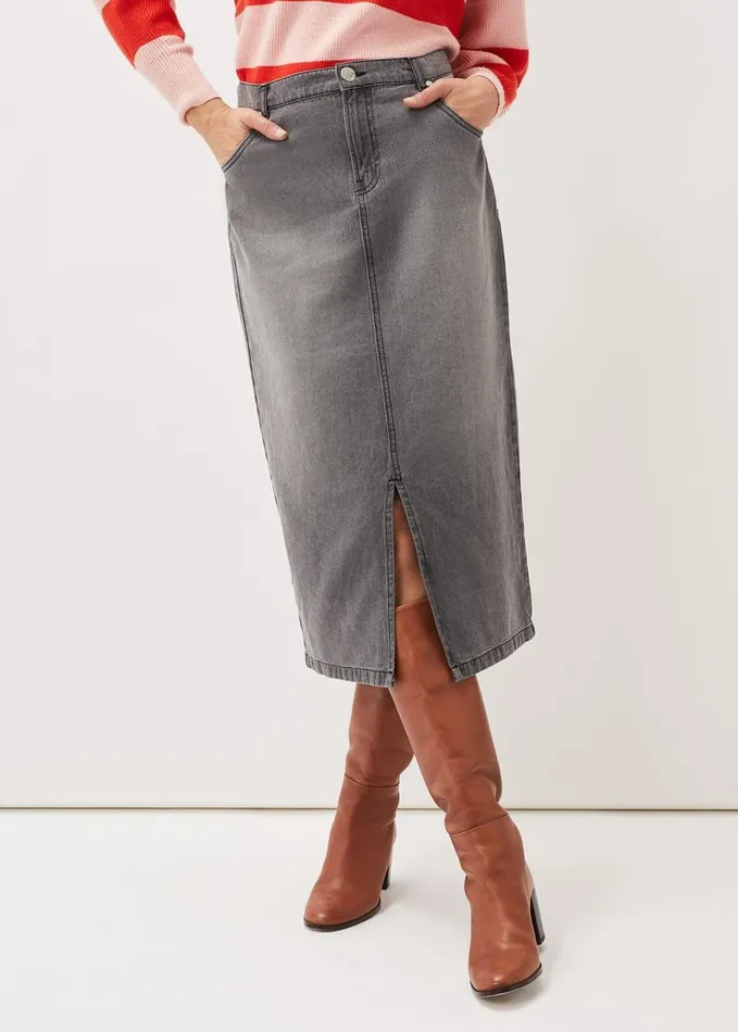 Phase Eight Aubrey Denim Midi Skirt Grey Women Skirts