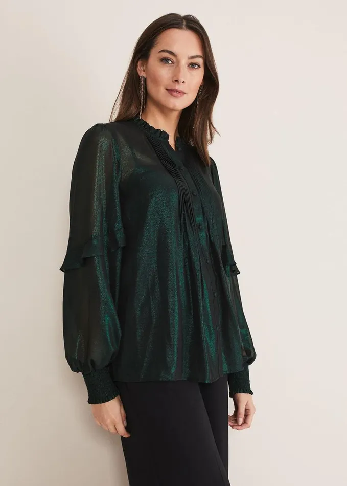 Phase Eight Avis Foil VNeck Blouse Green Women Shirts and Blouses