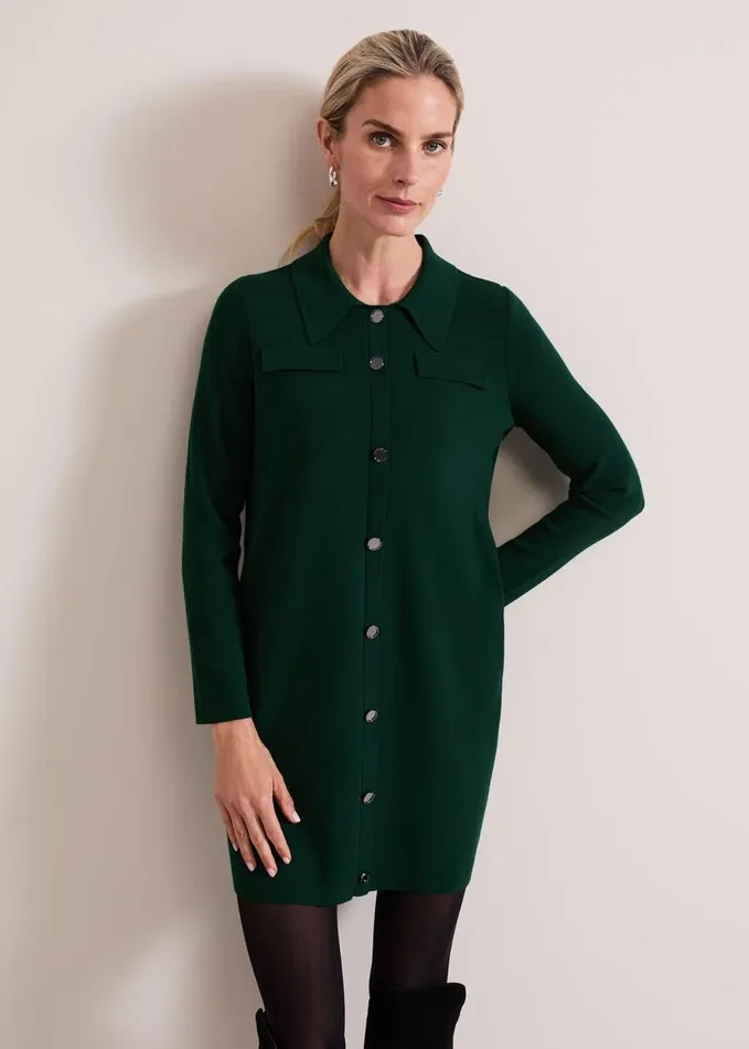 Phase Eight Azealia Fine Knit Collared Tunic Dress Green Women Dresses