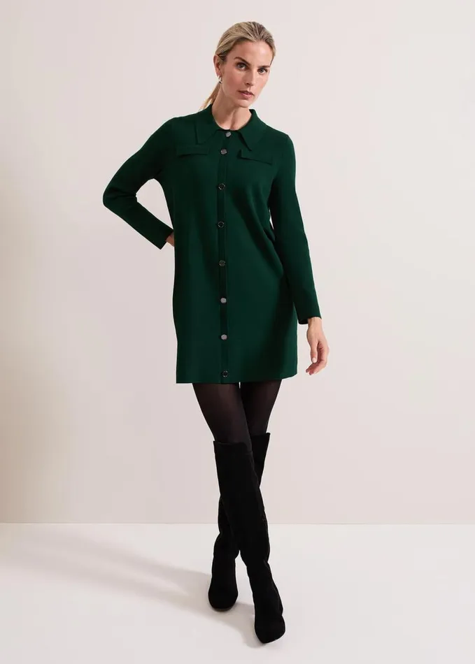 Phase Eight Azealia Fine Knit Collared Tunic Dress Green Women Dresses