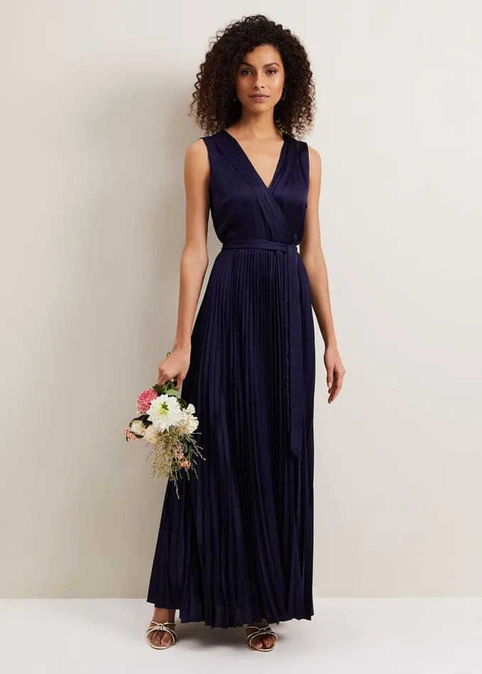 Phase Eight Bonnie Pleat Wrap Satin Maxi Dress Navy Women Dresses