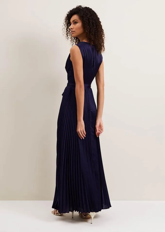 Phase Eight Bonnie Pleat Wrap Satin Maxi Dress Navy Women Dresses