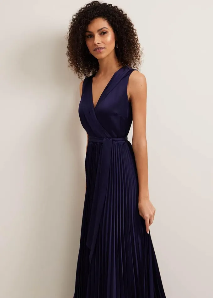Phase Eight Bonnie Pleat Wrap Satin Maxi Dress Navy Women Dresses