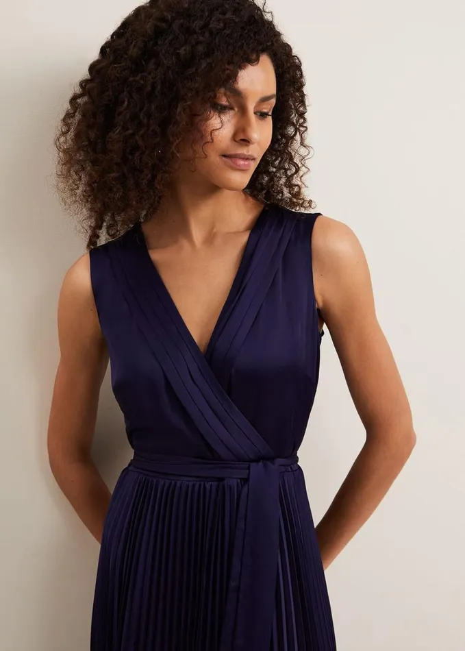 Phase Eight Bonnie Pleat Wrap Satin Maxi Dress Navy Women Dresses