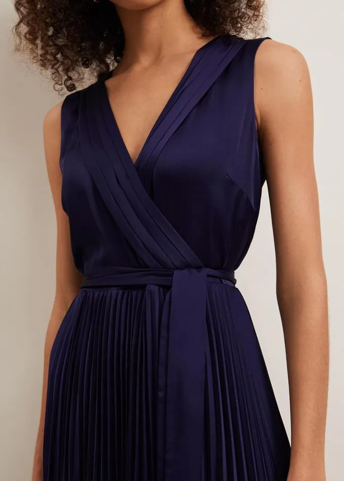 Phase Eight Bonnie Pleat Wrap Satin Maxi Dress Navy Women Dresses