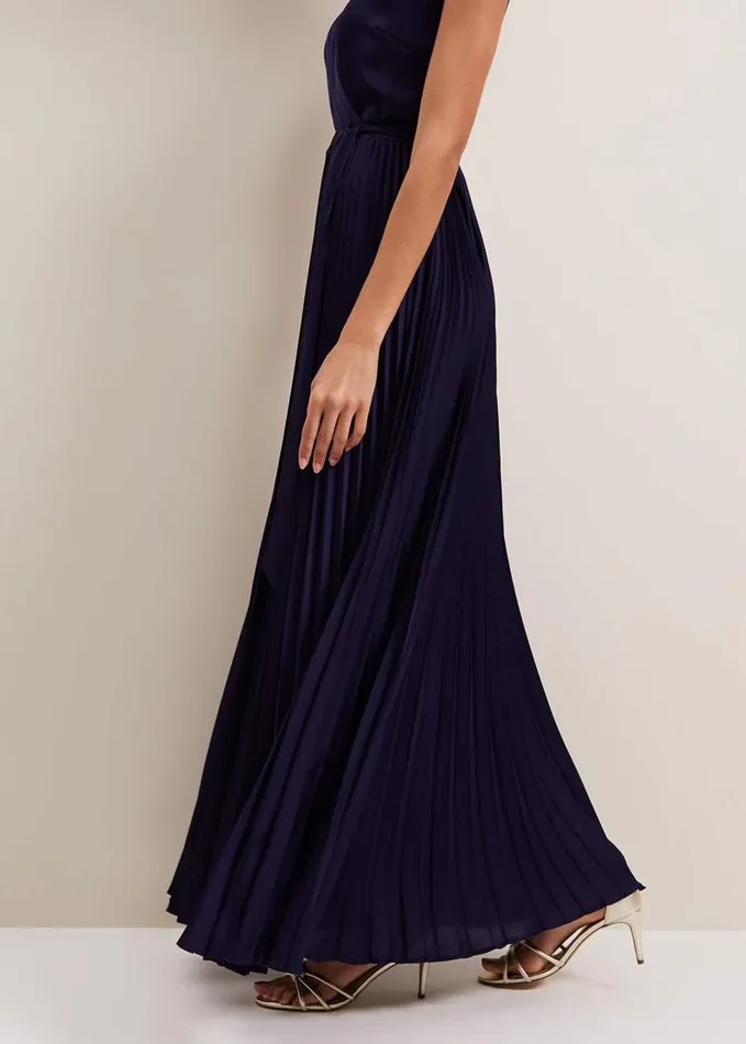 Phase Eight Bonnie Pleat Wrap Satin Maxi Dress Navy Women Dresses