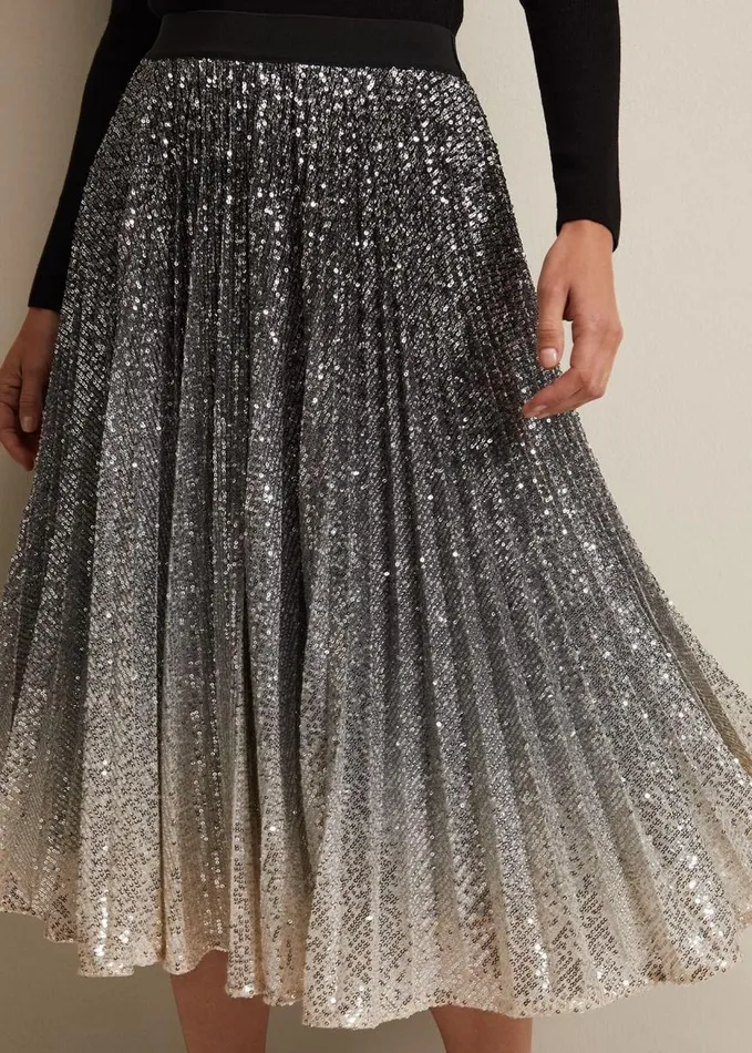 Phase Eight Celeste Sequin Ombre Pleated Midi Skirt Multicoloured Women Skirts