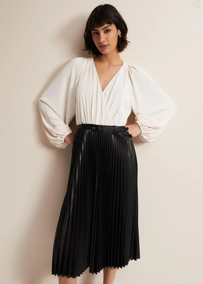 Phase Eight Charlotta Faux Leather Midi Dress Ivoryblack Women Dresses