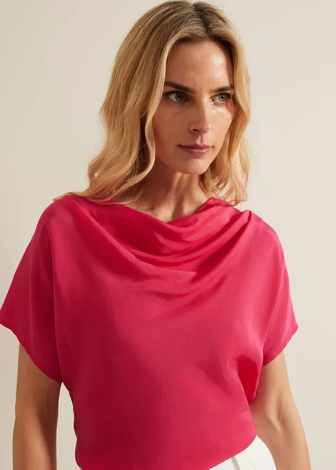 Phase Eight Cheryl Cowl Neck Woven Front Top Pink Women Tops and TShirts