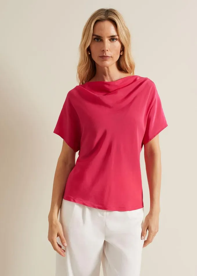 Phase Eight Cheryl Cowl Neck Woven Front Top Pink Women Tops and TShirts