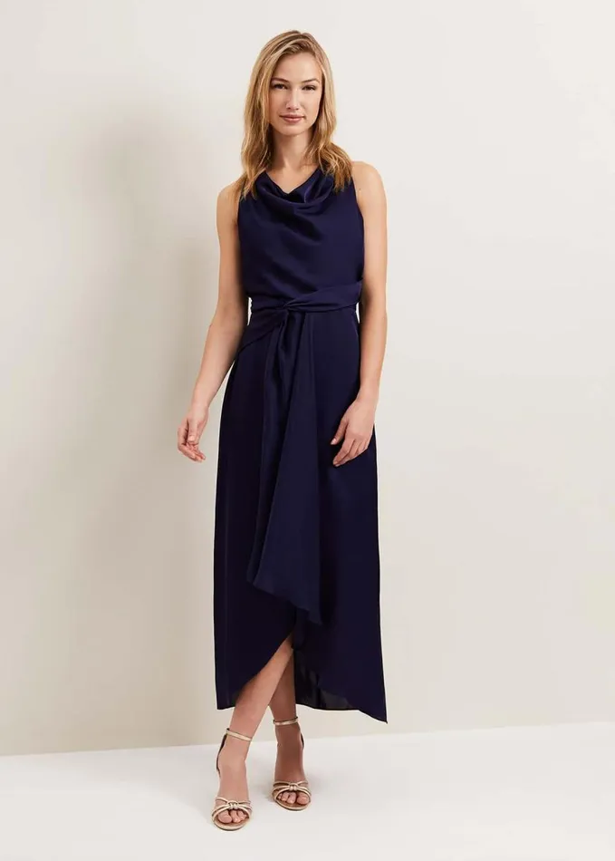 Phase Eight Daliah High Neck Satin Midi Dress Navy Women Dresses