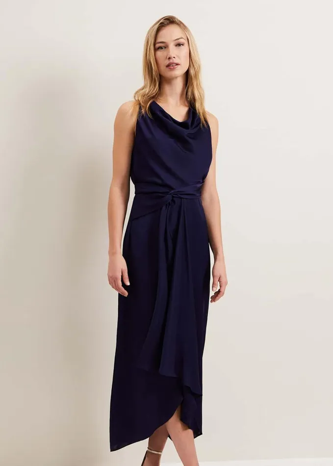 Phase Eight Daliah High Neck Satin Midi Dress Navy Women Dresses