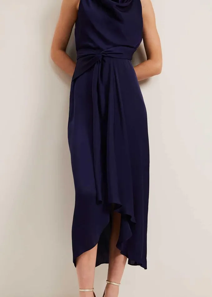 Phase Eight Daliah High Neck Satin Midi Dress Navy Women Dresses