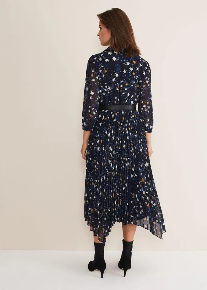 Phase Eight Dani Star Pleated Dress Navy Women Dresses
