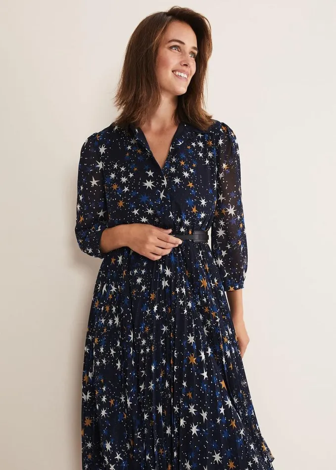Phase Eight Dani Star Pleated Dress Navy Women Dresses